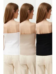 Black-White-Beige 3-Pack Strappy Fitted Square Collar Flexible Knitted Tank Top - 2
