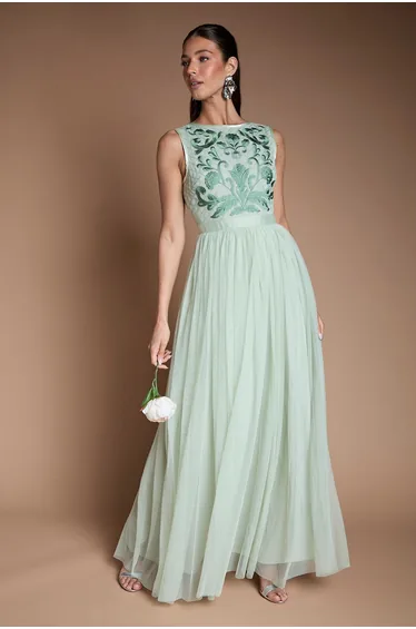 Embroidered Linear Floral Maxi Bridesmaid Dress