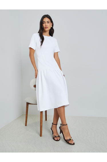 Off-White Short Sleeves Mermaid Hem Midi Dress