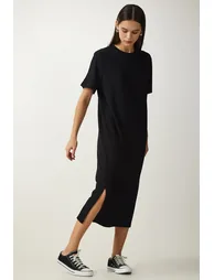 Women's Black Crew Neck Knitted Ribbed Dress