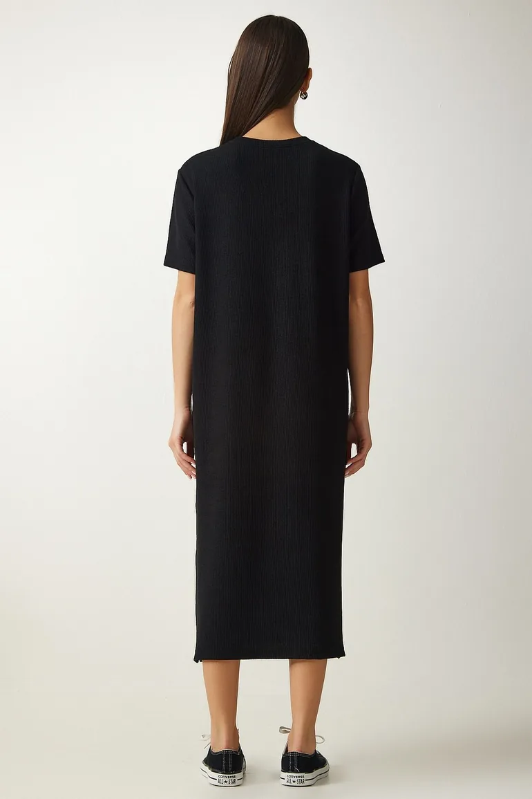 Women's Black Crew Neck Knitted Ribbed Dress - 4