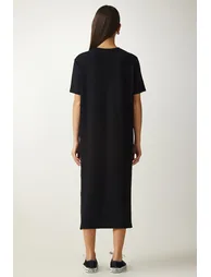 Women's Black Crew Neck Knitted Ribbed Dress - 4