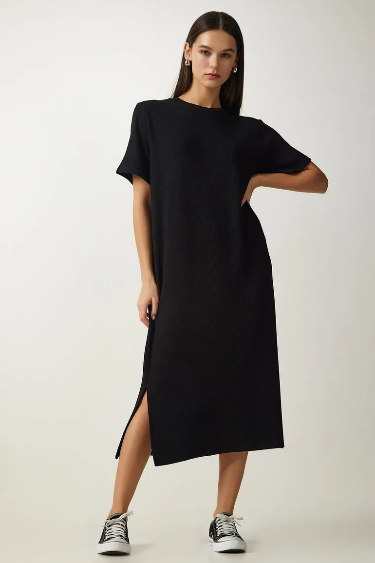 Women's Black Crew Neck Knitted Ribbed Dress - 2