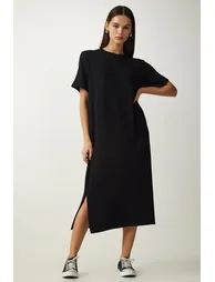 Women's Black Crew Neck Knitted Ribbed Dress - 2