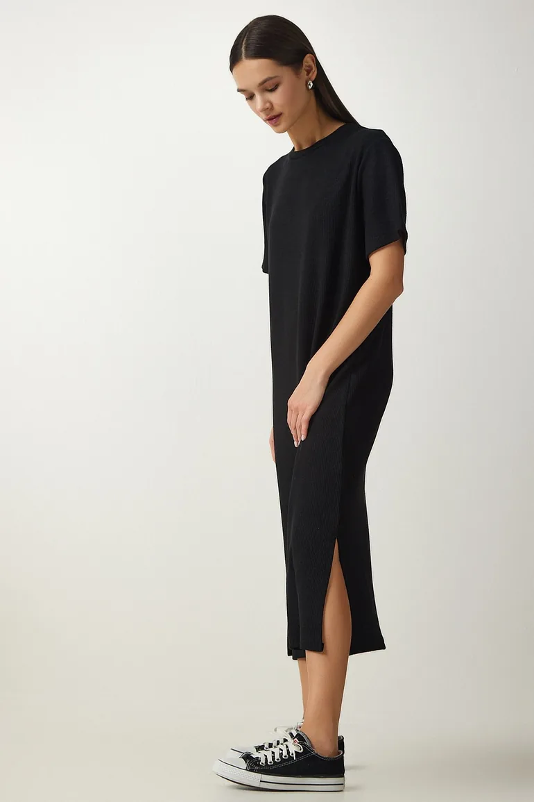 Women's Black Crew Neck Knitted Ribbed Dress - 3