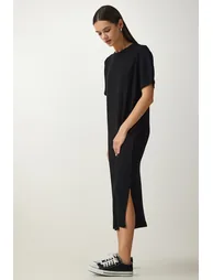 Women's Black Crew Neck Knitted Ribbed Dress - 3