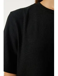 Women's Black Crew Neck Knitted Ribbed Dress - 5