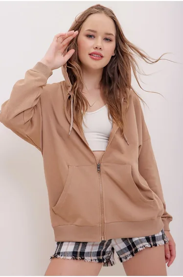 Women's Biscuit Hoodie Double Pocket Zipper Oversize Sweatshirt