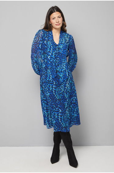 Blue Abstract Woven Tie Neck Midi Dress