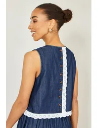 Yumi Blue Cotton Chambray Top With Lace Trims - 3