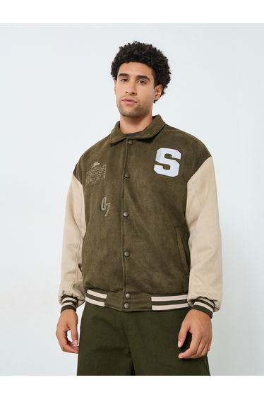 Men Relaxed Color Block Varsity Jacket