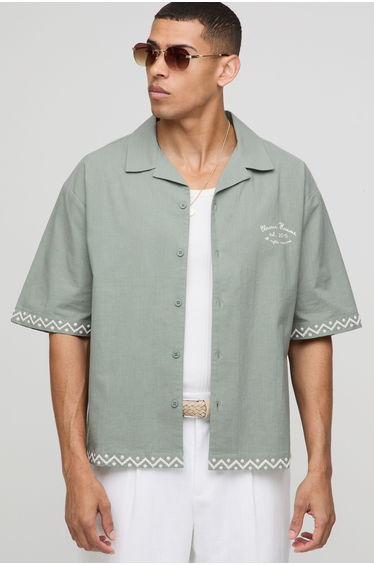 Oversized Linen Look Embroidered Revere Shirt - khaki