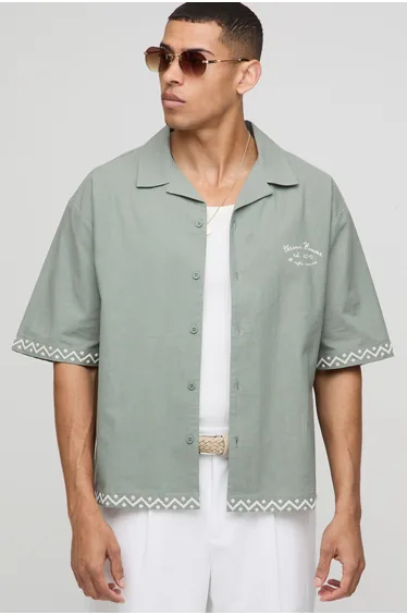 Oversized Linen Look Embroidered Revere Shirt - khaki