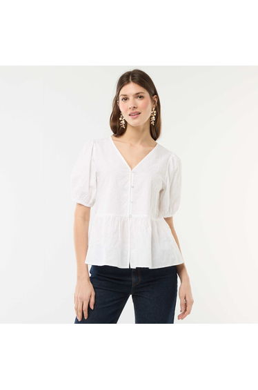 Embroidered Blouse with Ruffled Hem WHITE