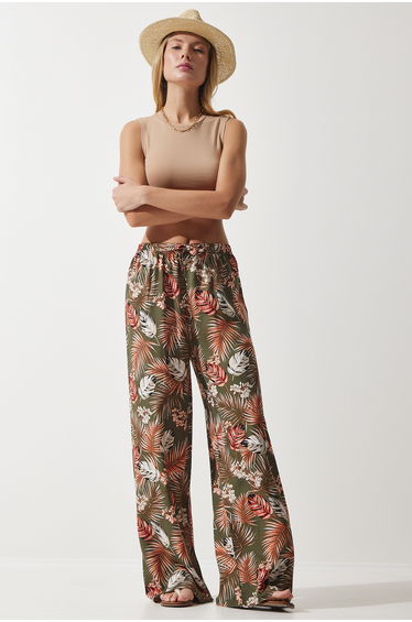 Women's Khaki Tile Patterned Flowing Viscose Palazzo Trousers