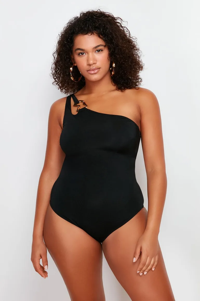 Black One Shoulder Swimsuit - 1