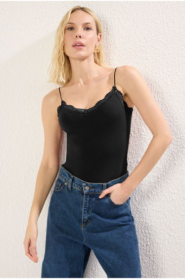 Black Lace Detail Fitted/Straight to the body with snaps at the bottom Flexible Knitted Bodysuit