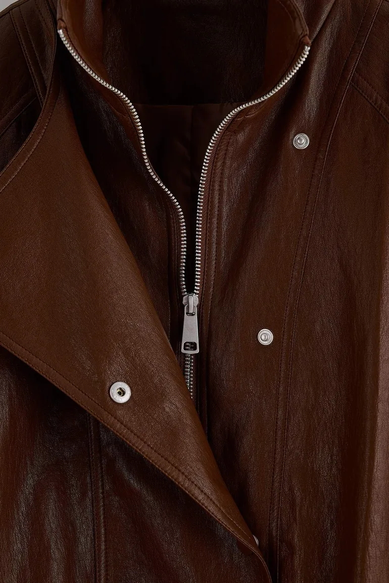 Brown Oversize Fit Adjustable Waist Faux Leather Jacket Coat - 6