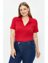 Red Shirt Collar Ribbed Knitted Blouse - 4