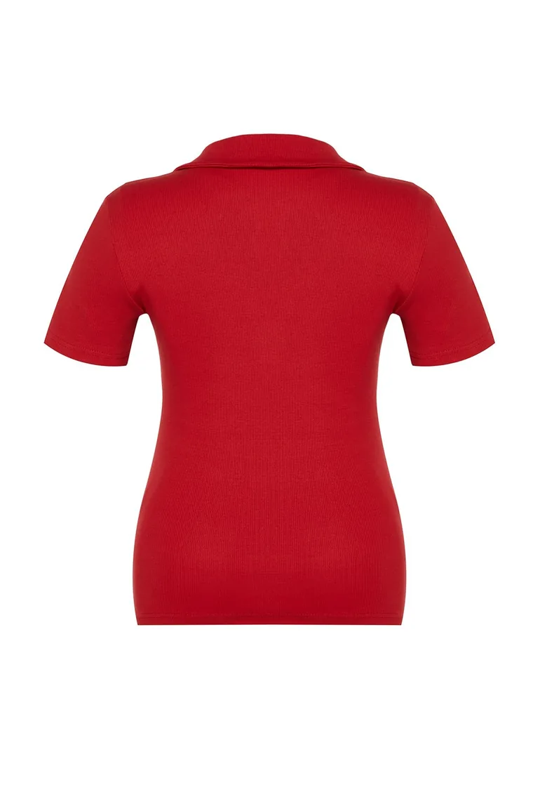 Red Shirt Collar Ribbed Knitted Blouse - 6