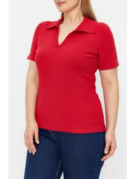 Red Shirt Collar Ribbed Knitted Blouse - 1