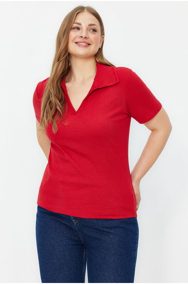 Red Shirt Collar Ribbed Knitted Blouse