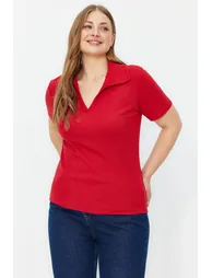 Red Shirt Collar Ribbed Knitted Blouse