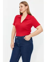 Red Shirt Collar Ribbed Knitted Blouse - 3