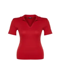 Red Shirt Collar Ribbed Knitted Blouse - 5