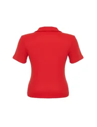 Red Shirt Collar Ribbed Knitted Blouse - 8