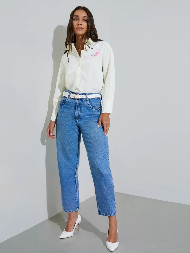 Cream Long Sleeve Embroidered Shirt - 1