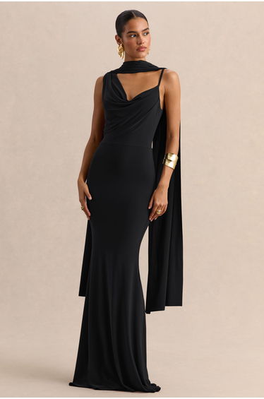 Armelia | Black Cowl-Neck Maxi Dress With Scarf-Detail