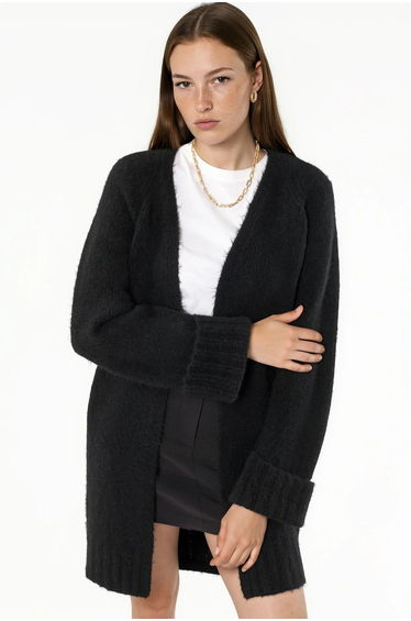 Long Ribbed Knit Cardigan with Open Collar
