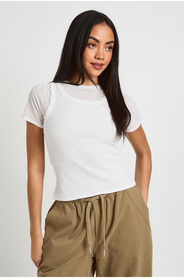 Sherred Textured Rib Double Layered Top - white