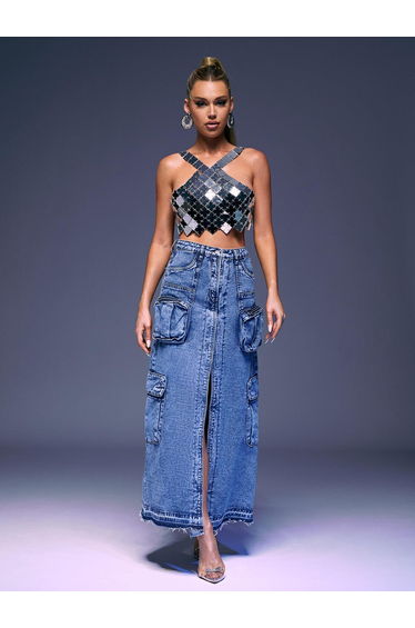Valencia Pocket Split Denim Skirt In Blue