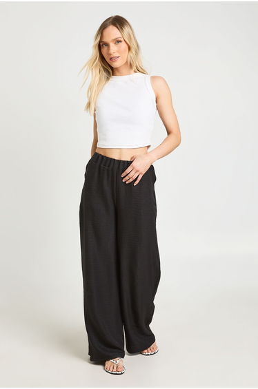 Petite Linen Look Wide Leg Trousers - black