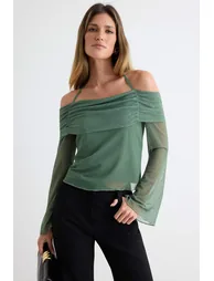Khaki Flare Sleeve Tie Detailed Tulle Stretchy Knitted Blouse