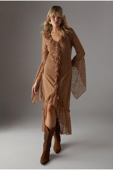 Lace Button Through Ruffle Maxi Dress