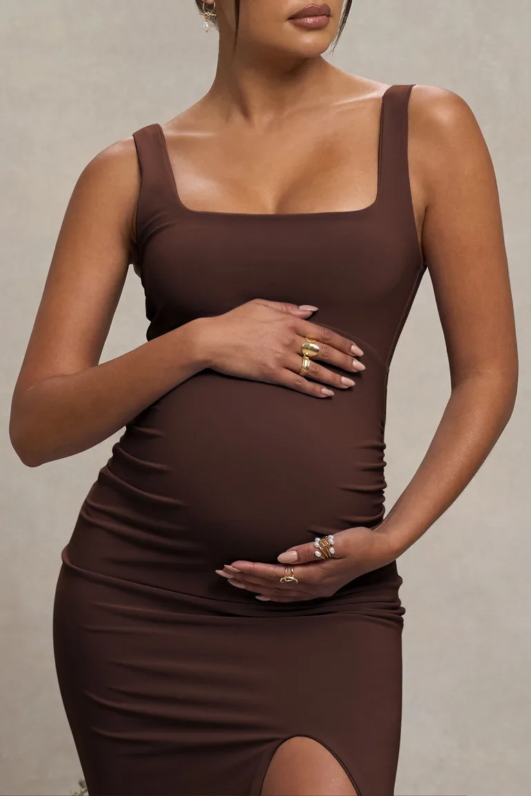 Avril | Brown Square Neck Maternity Maxi Dress with Split - 4