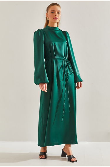 Modest Women's Belted Balloon Sleeve Hijab Dress