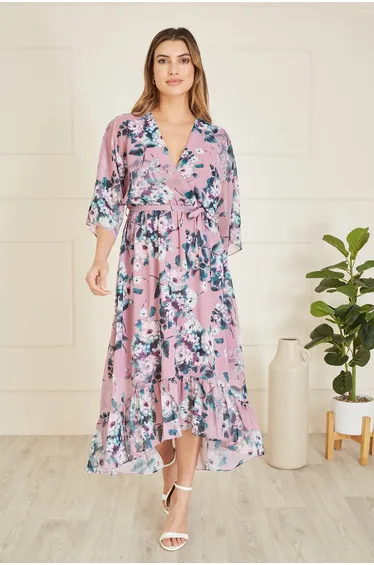 Yumi Blush Floral Kimono Dipped Hem Dress