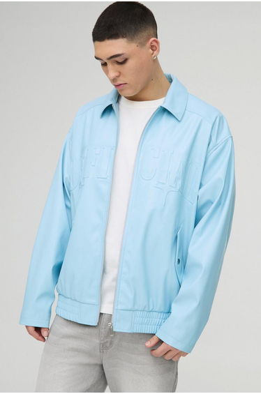 Official Oversized PU Embossed Collard Bomber Jacket - light blue