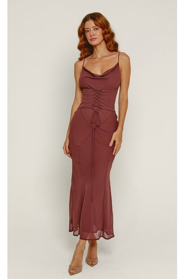 Brown Cowl Corset Midaxi Detail Dress
