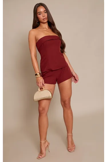 Wine Woven Bandeau Longline Tailored Playsuit