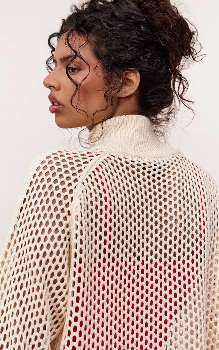 Cream Crochet Knit Stripe Detail Track Cardigan - 2