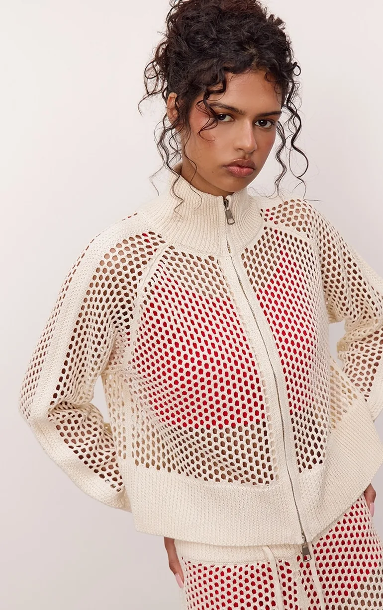 Cream Crochet Knit Stripe Detail Track Cardigan - 3