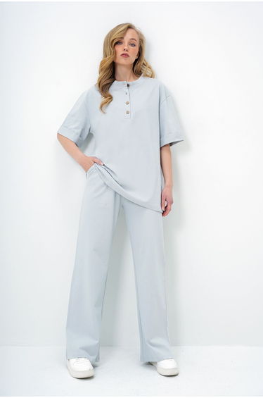 Women's Gray Double Sleeve Collar Buttoned Top and Bottom Suit with Trousers