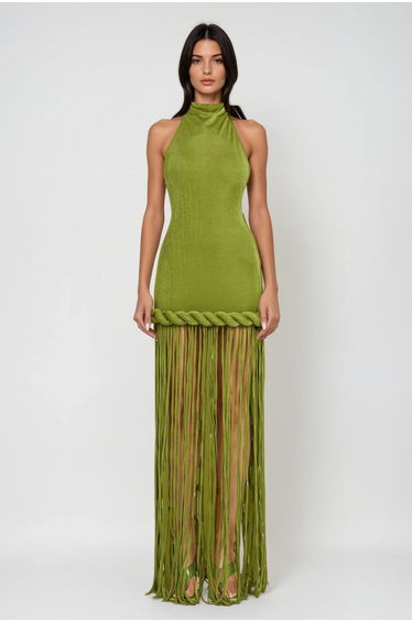 Dorel Halter Neck Twist Fringe Maxi Dress In Green