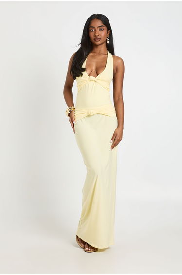 Double Layer Slinky Knot Detail Maxi Skirt - lemon