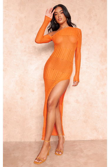 Orange Ladder Knit One Shoulder Maxi Dress